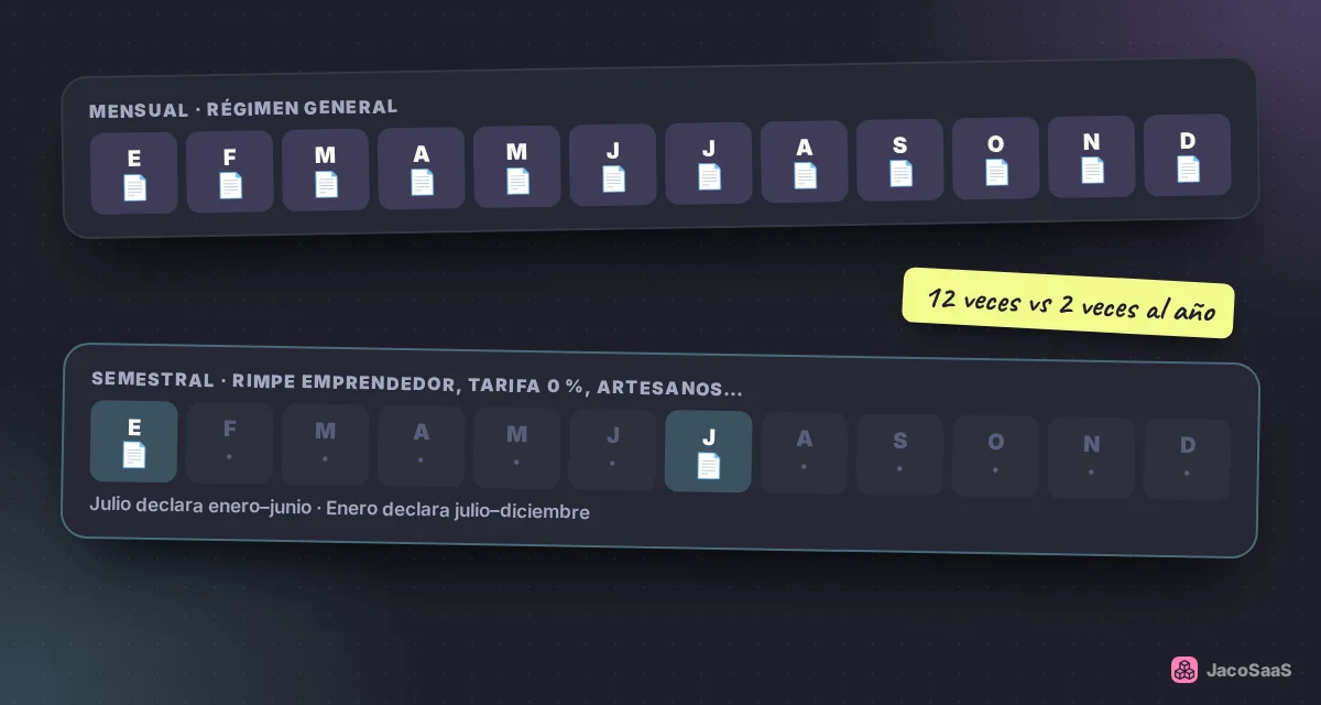 Mensual en Régimen General; semestral en julio y enero para RIMPE emprendedor y otros casos.
