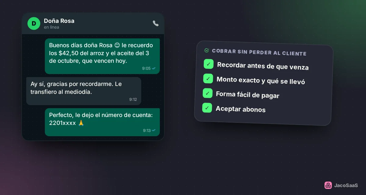 Un recordatorio amable el día que vence, con el monto exacto y una forma fácil de pagar.