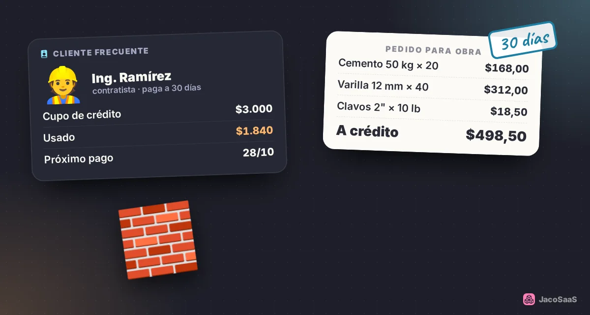 Pedidos a crédito para contratistas con cupo y fecha de pago.