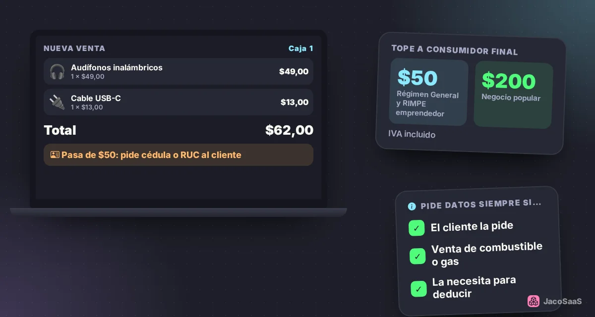 Si la venta pasa del tope, pide la cédula o el RUC antes de emitir.