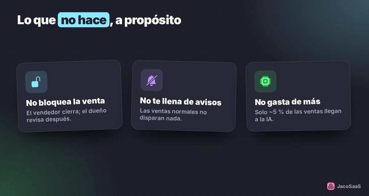 La IA avisa, pero no bloquea ventas ni te llena de notificaciones.