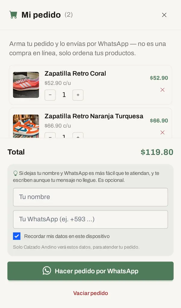 Carrito con dos productos y el botón para pedir por WhatsApp